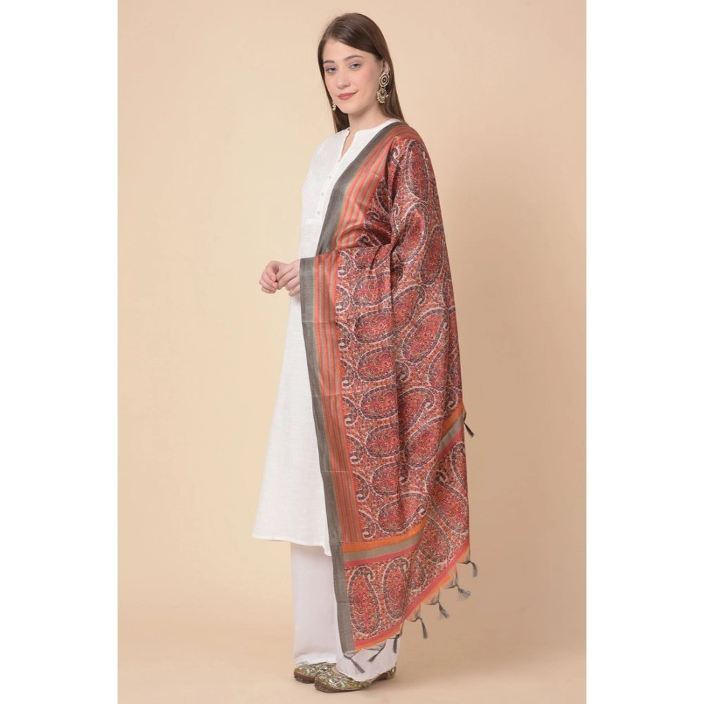 Generic Women's Art Silk Printed Dupatta (Orange, Length: 2.25 to 2.50 Mtr)