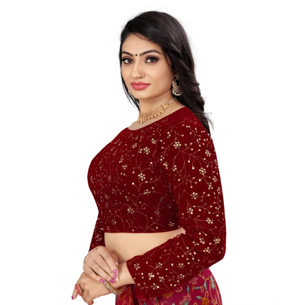 Generic Women's Velvet Embroidery Readymade Blouse (Maroon, Size: Free Size)