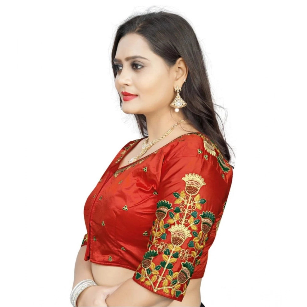 Generic Women's Malai Silk Floral Readymade Blouse (Red, Size: Free Size)