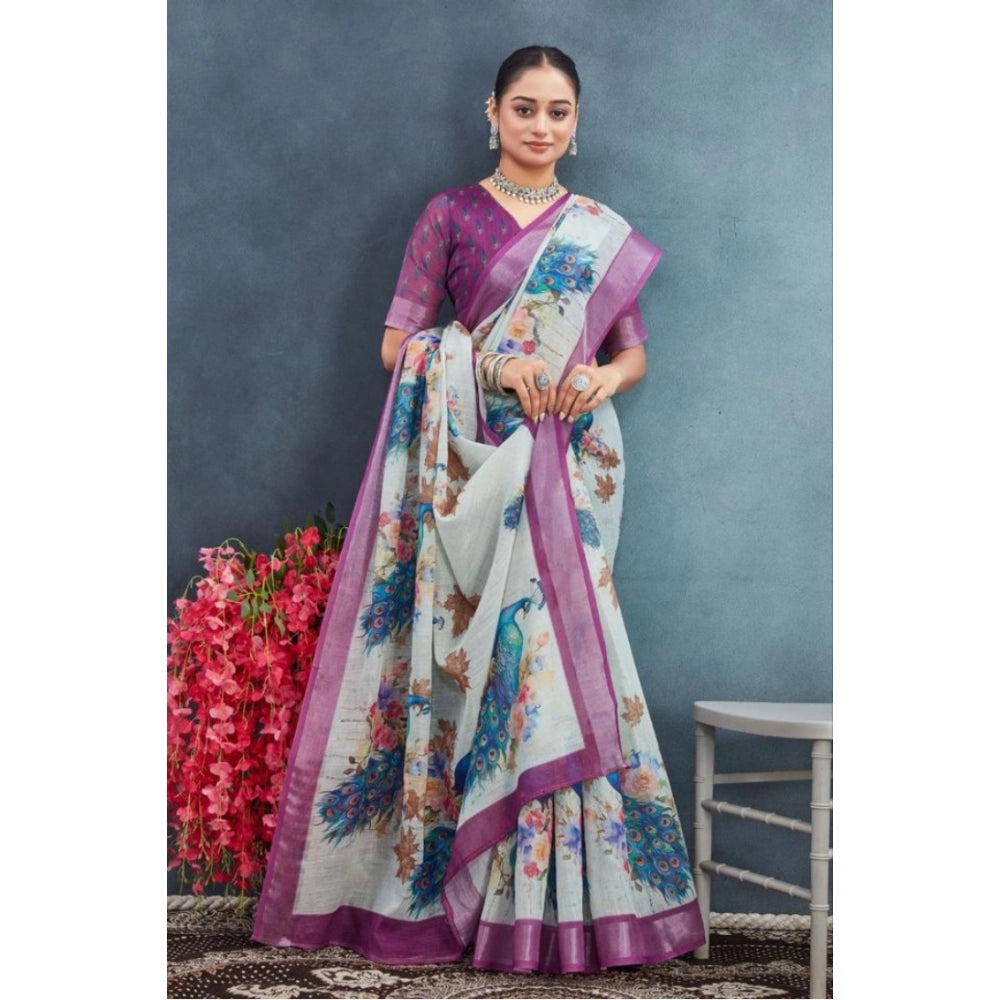 Generic Women's Linen Floral Printed Saree With Unstitched Blouse 5.5Mtr (Magenta)