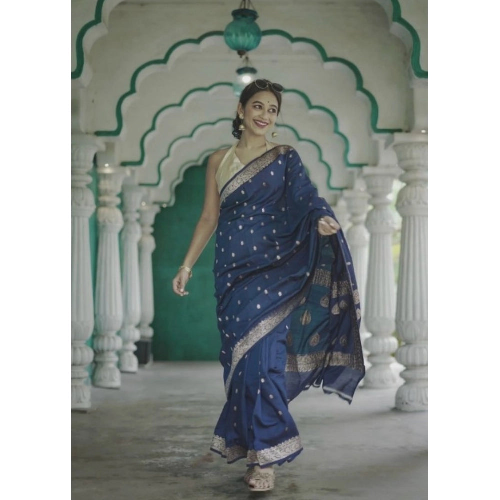 Generic Women's Cotton Printed Saree With Unstitched Blouse 5.5Mtr (Navy Blue)