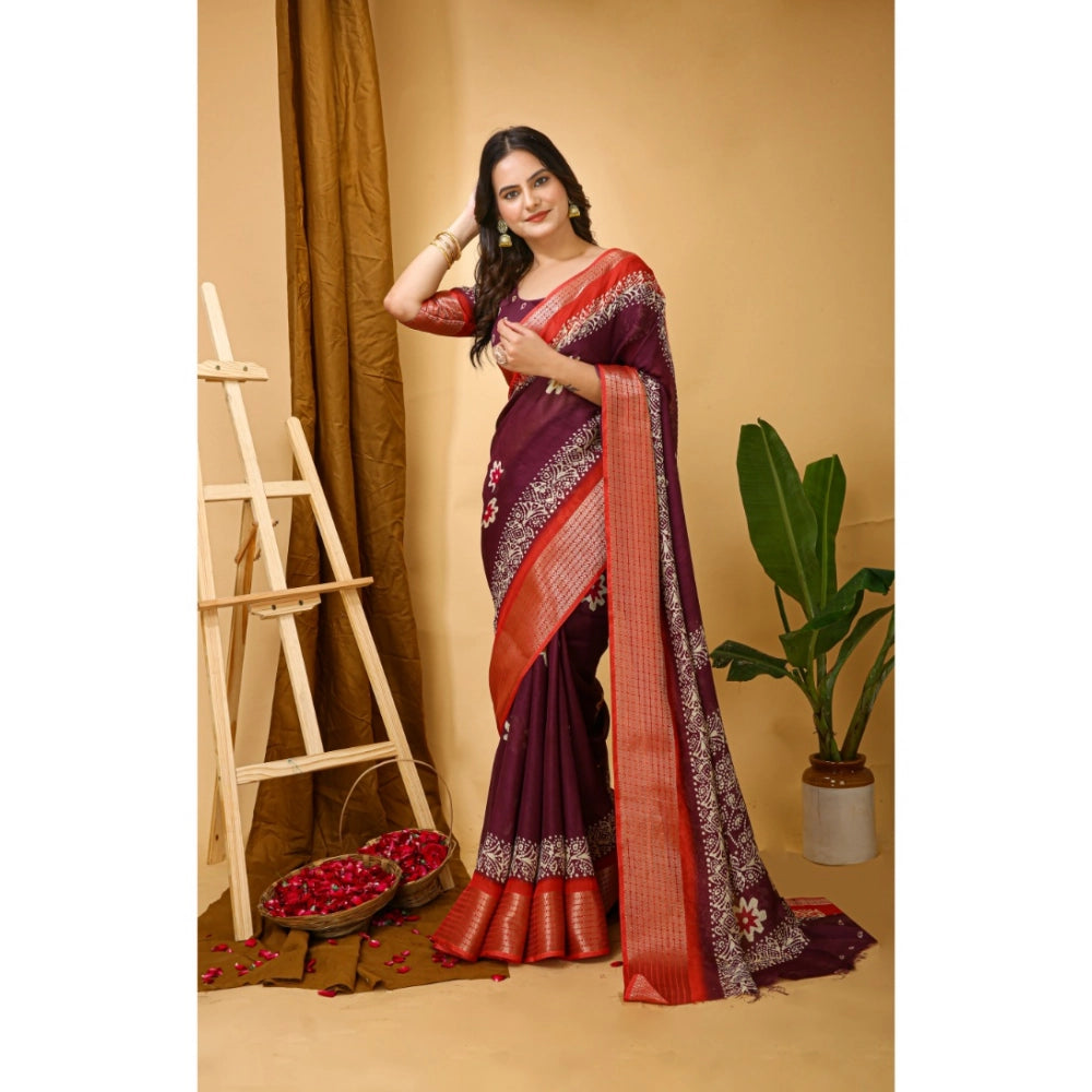 Generic Women's Soft Blooming Marshmallow Fabric Kalamkari Printed Saree With Unstitched Blouse 5.5Mtr (Wine)