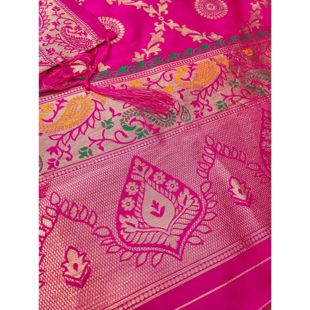 Generic Women's Banarasi Silk Printed Unstitched Salwar Suit Material With Dupatta (Pink, 3Mtrs)