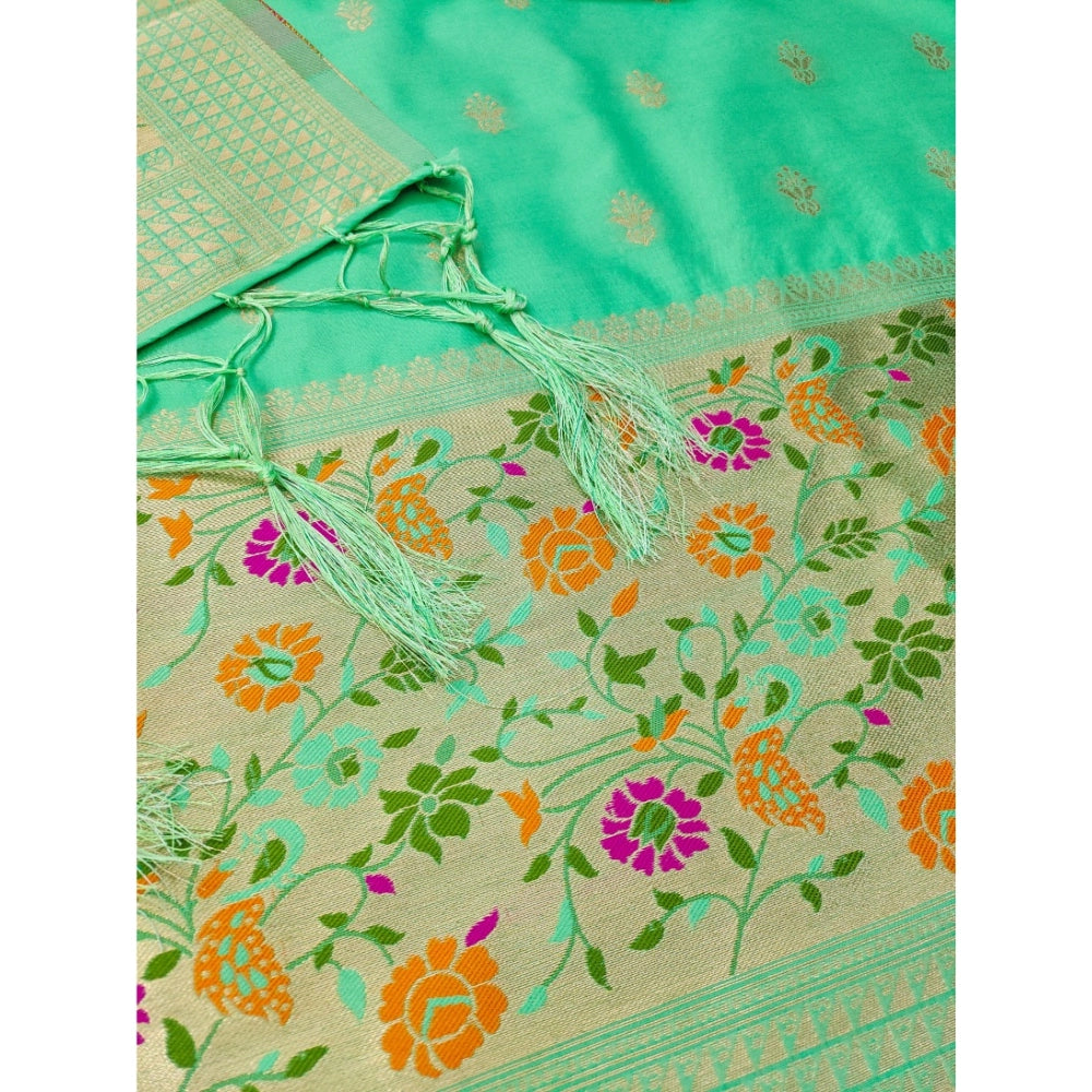 Generic Women's Banarasi Silk Printed Unstitched Salwar Suit Material With Dupatta (Sea Green, 3Mtrs)