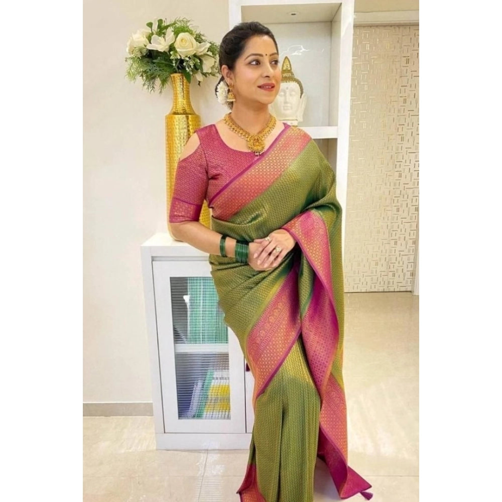 Generic Women's Soft Lichi Silk Printed Saree With Unstitched Blouse 5.5Mtr (Mehndi-Green)