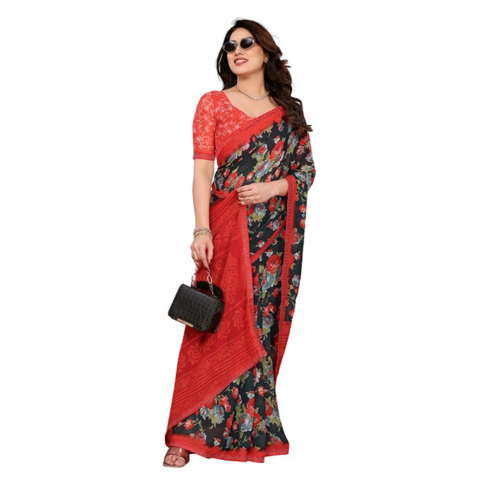 Generic Women's Georgette Printed Saree With Unstitched Blouse 5.5Mtr (Green)
