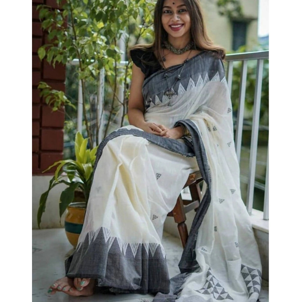 Generic Women's Soft Lilan Printed Saree With Unstitched Blouse 5.5Mtr (White-Black)