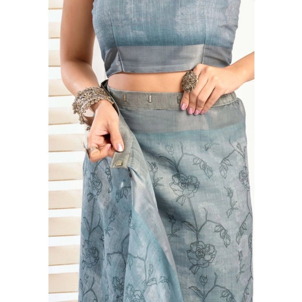 Generic Women's Faux_Linen Printed Ready-to-Wear Saree With Unstitched Blouse 5.5 Mtr (Light_Blue)