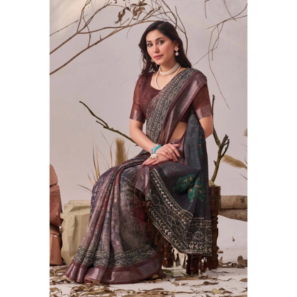 Generic Women's Faux_Linen Printed Saree With Unstitched Blouse 5.5Mtr (Brown)