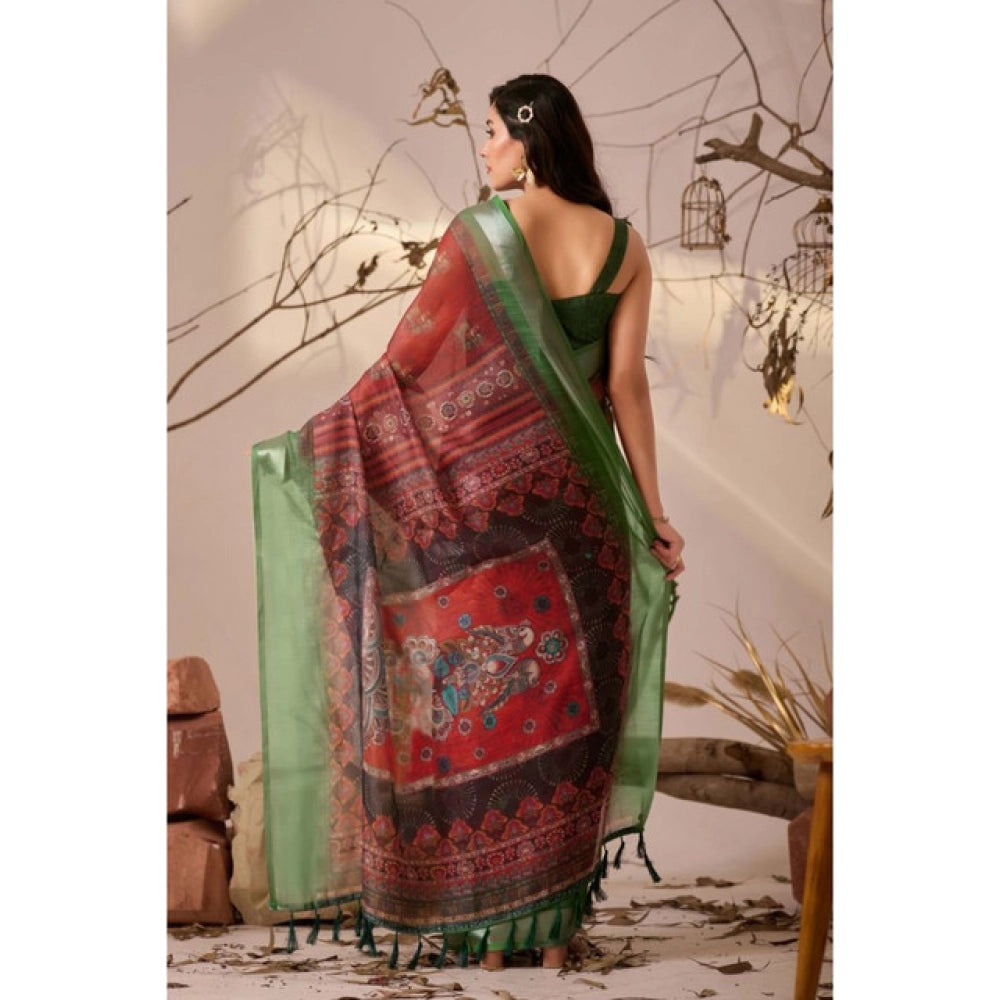 Generic Women's Faux_Linen Printed Saree With Unstitched Blouse 5.5Mtr (Maroon)