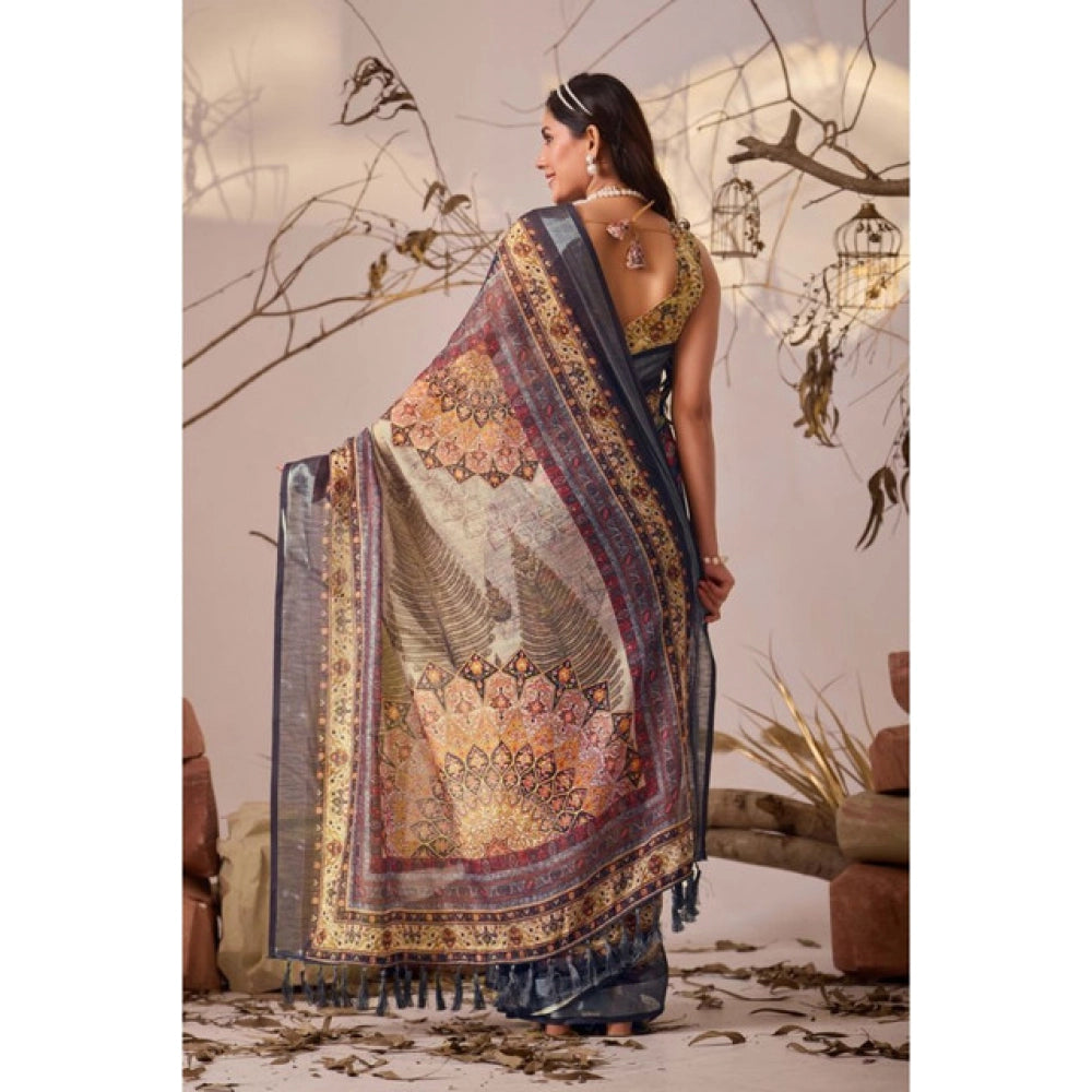 Generic Women's Faux_Linen Printed Saree With Unstitched Blouse 5.5Mtr (Navy_Blue)