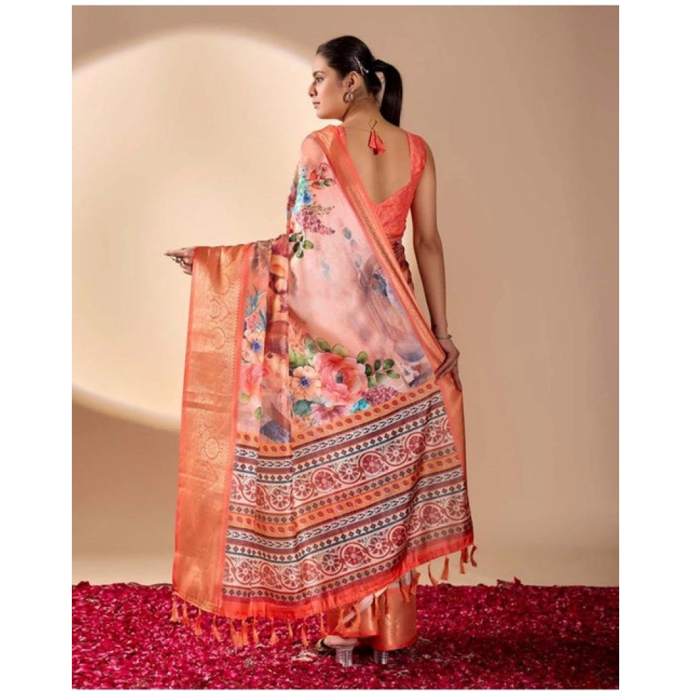 Generic Women's Faux_Silk Printed Saree With Unstitched Blouse 5.5Mtr (Peach)