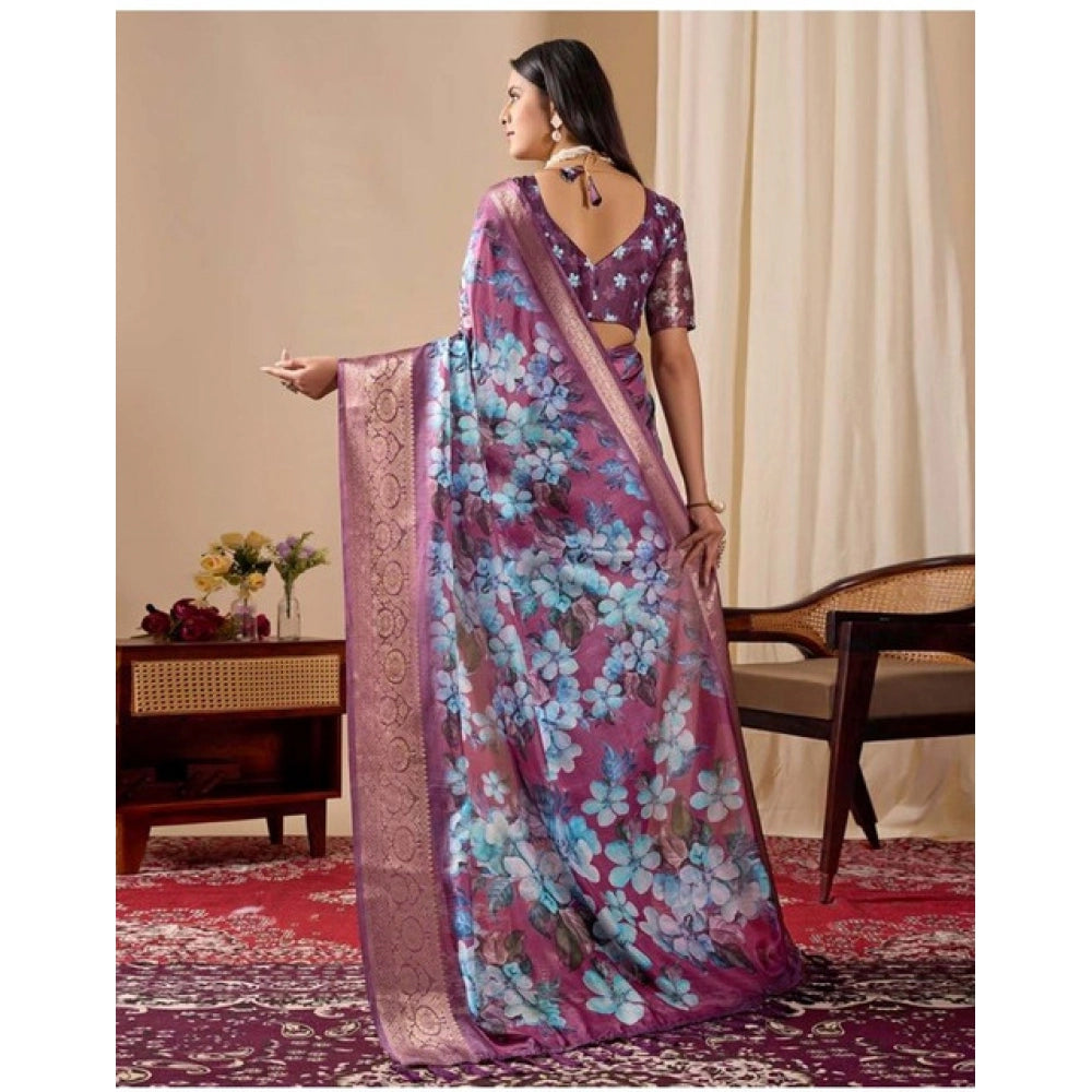 Generic Women's Faux_Silk Printed Saree With Unstitched Blouse 5.5Mtr (Blue)