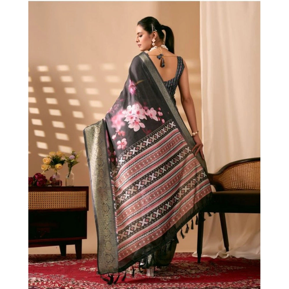 Generic Women's Faux_Silk Printed Saree With Unstitched Blouse 5.5Mtr (Black)