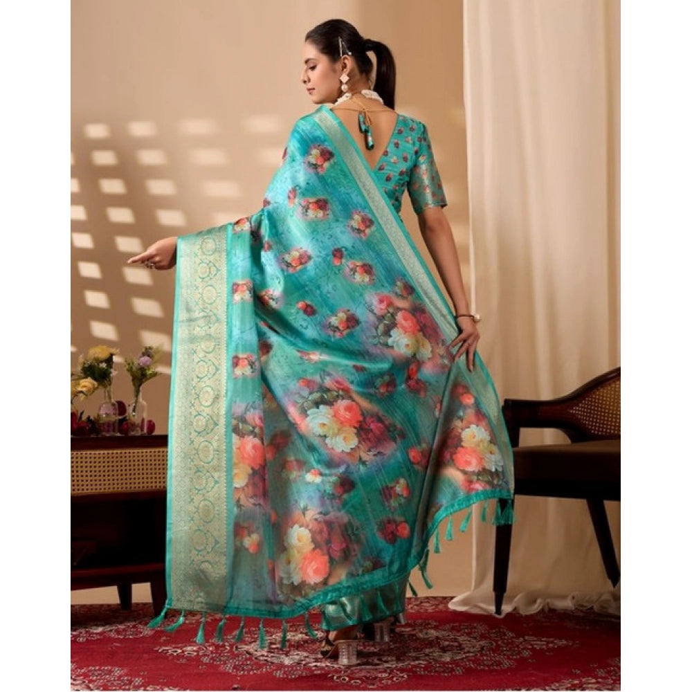 Generic Women's Faux_Silk Printed Saree With Unstitched Blouse 5.5Mtr (Aqua_Blue)