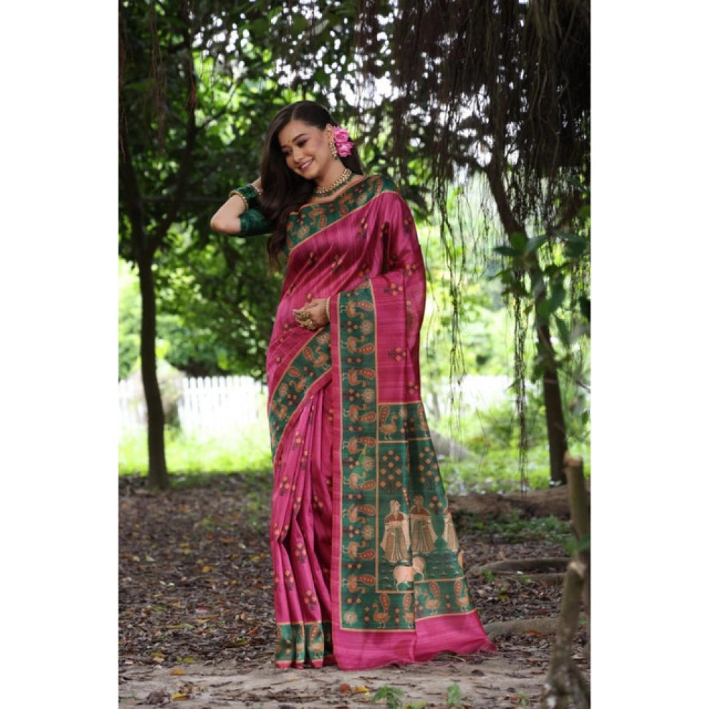 Generic Women's Faux_Tussar_Silk Printed Saree With Unstitched Blouse 5.5Mtr (Pink)
