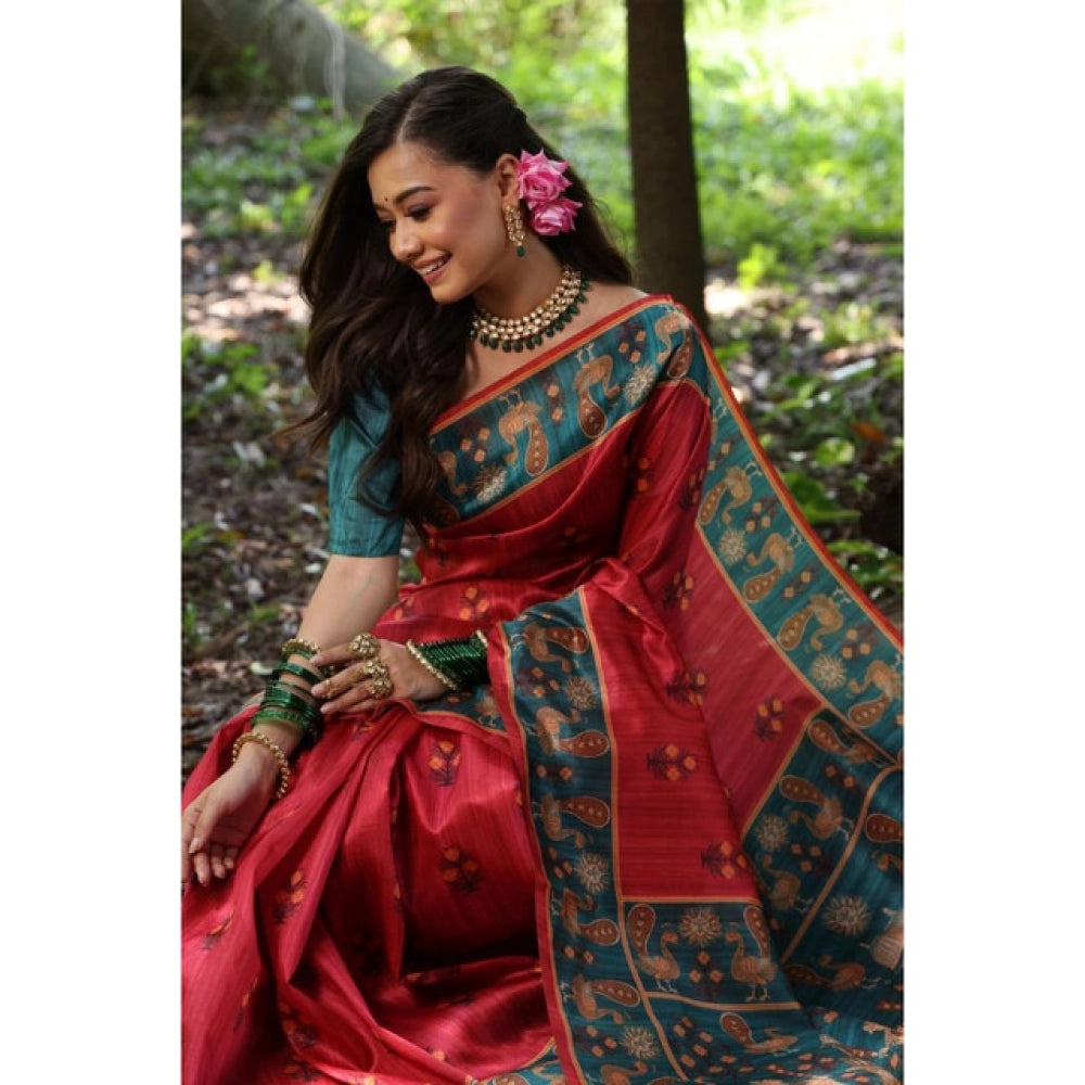 Generic Women's Faux_Tussar_Silk Printed Saree With Unstitched Blouse 5.5Mtr (Red)