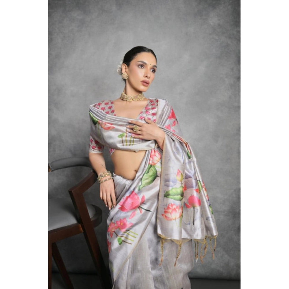 Generic Women's Cotton Printed Saree With Unstitched Blouse 5.5 Mtr (Grey)