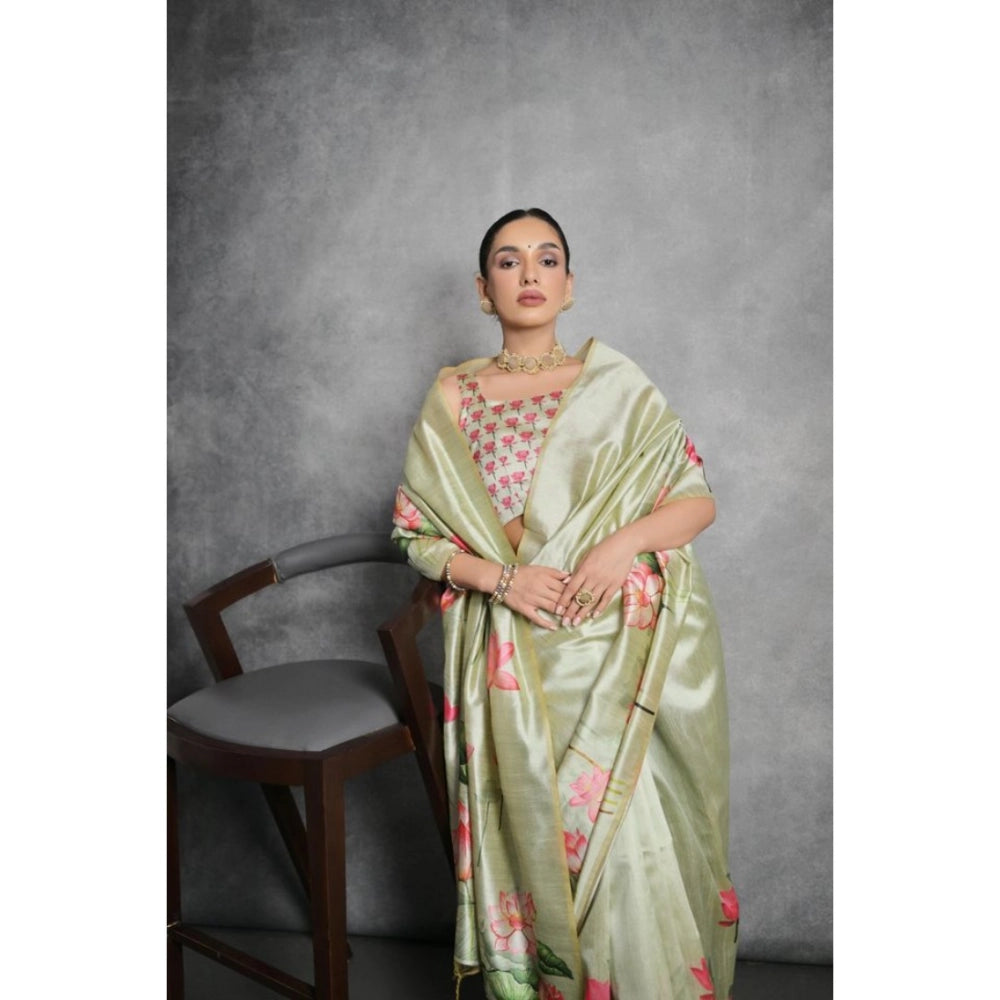 Generic Women's Cotton Printed Saree With Unstitched Blouse 5.5 Mtr (Green)