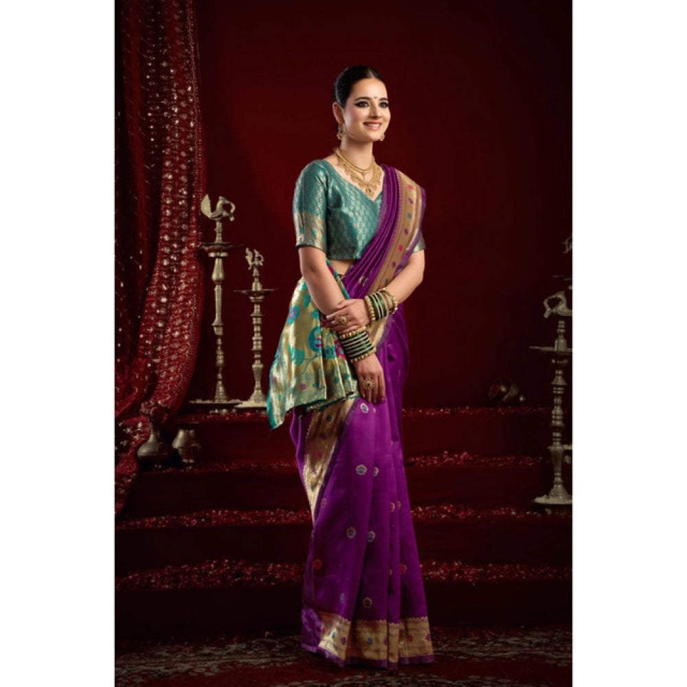 Generic Women's Silk Blend Woven Saree With Unstitched Blouse 5.5 Mtr (Purple)