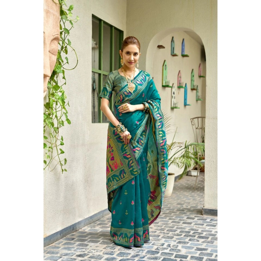 Generic Women's Silk Blend Woven Saree With Unstitched Blouse 5.5 Mtr (Teal)