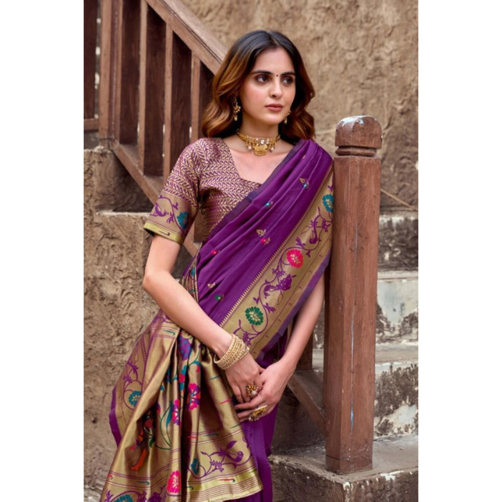 Generic Women's Silk Blend Woven Saree With Unstitched Blouse 5.5 Mtr (Purple)