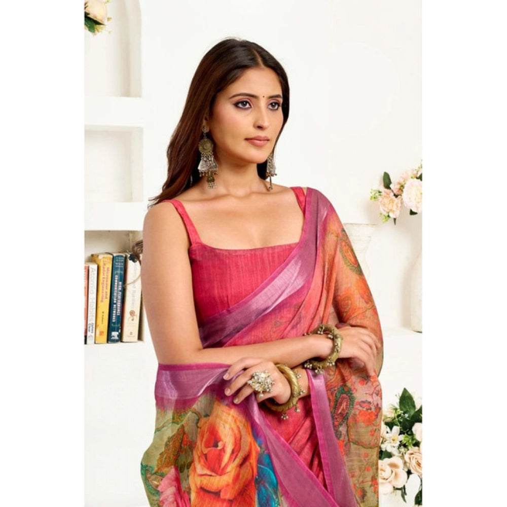 Generic Women's Linen Cotton Printed Ready To Wear Saree With Unstitched Blouse 5.5 Mtr (Pink)