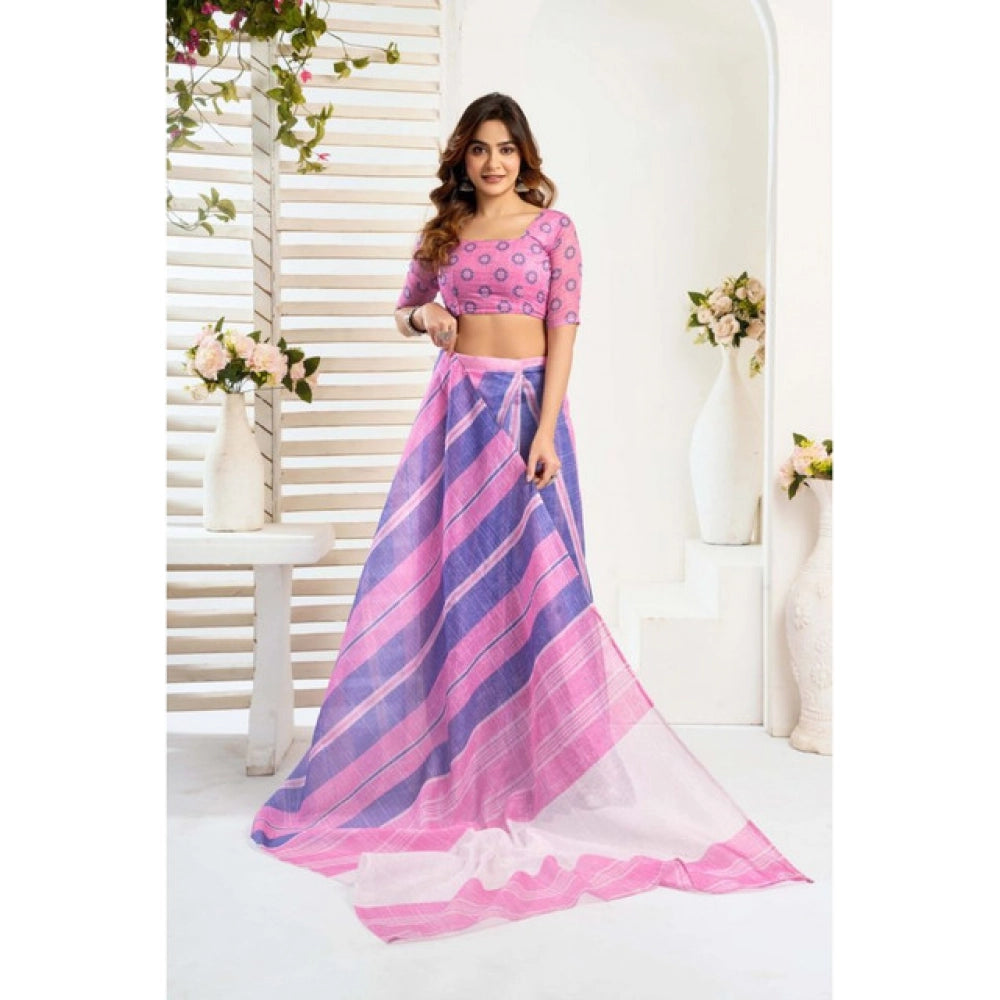 Generic Women's Linen Cotton Printed Ready To Wear Saree With Unstitched Blouse 5.5 Mtr (Pink)