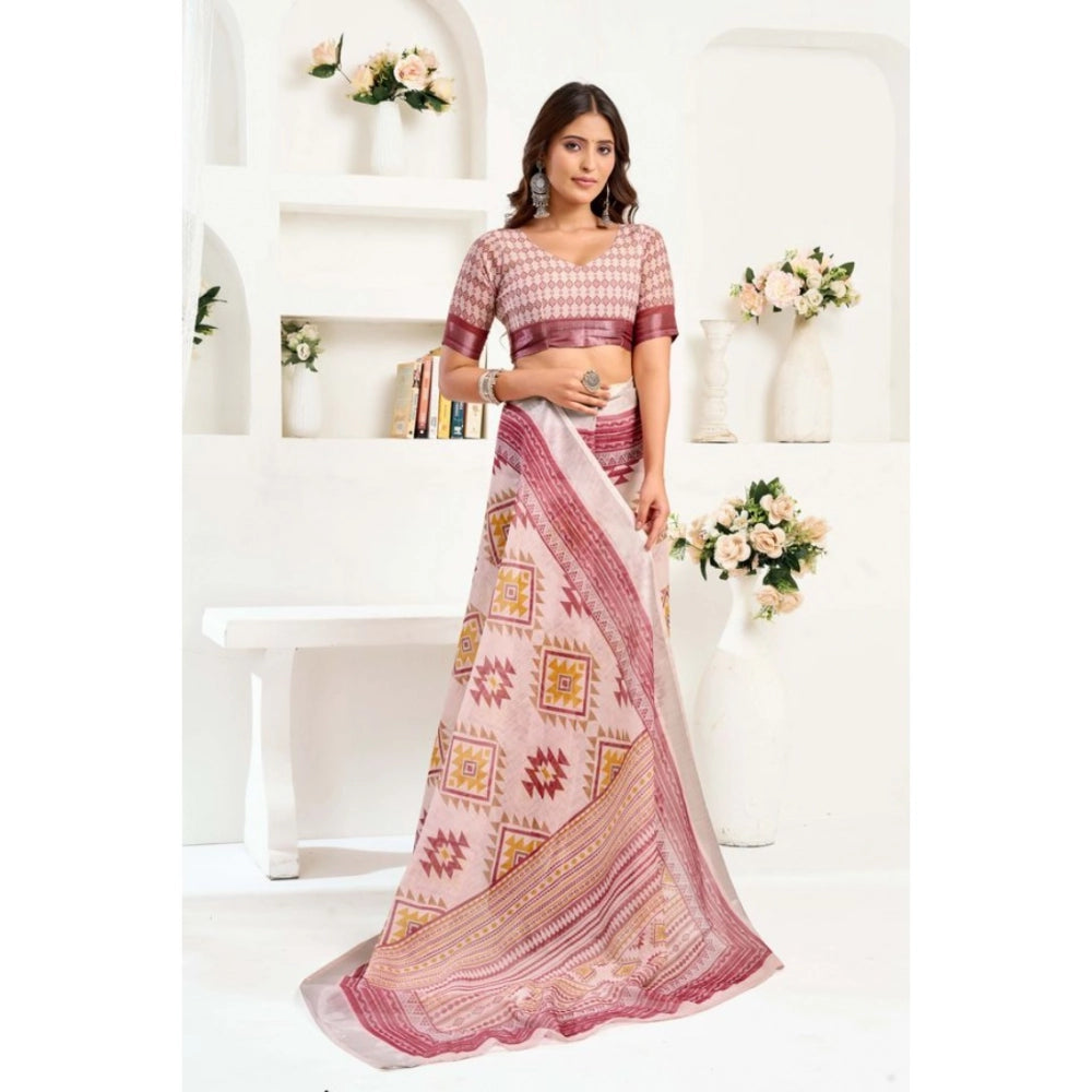 Generic Women's Linen Cotton Printed Ready To Wear Saree With Unstitched Blouse 5.5 Mtr (Maroon)