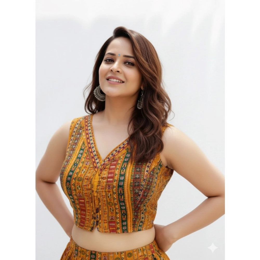 Generic Women's Cambric Cotton V Neck Padded Blouse (Mustard, 38 Ready Size (Self-Alterable 36–40)