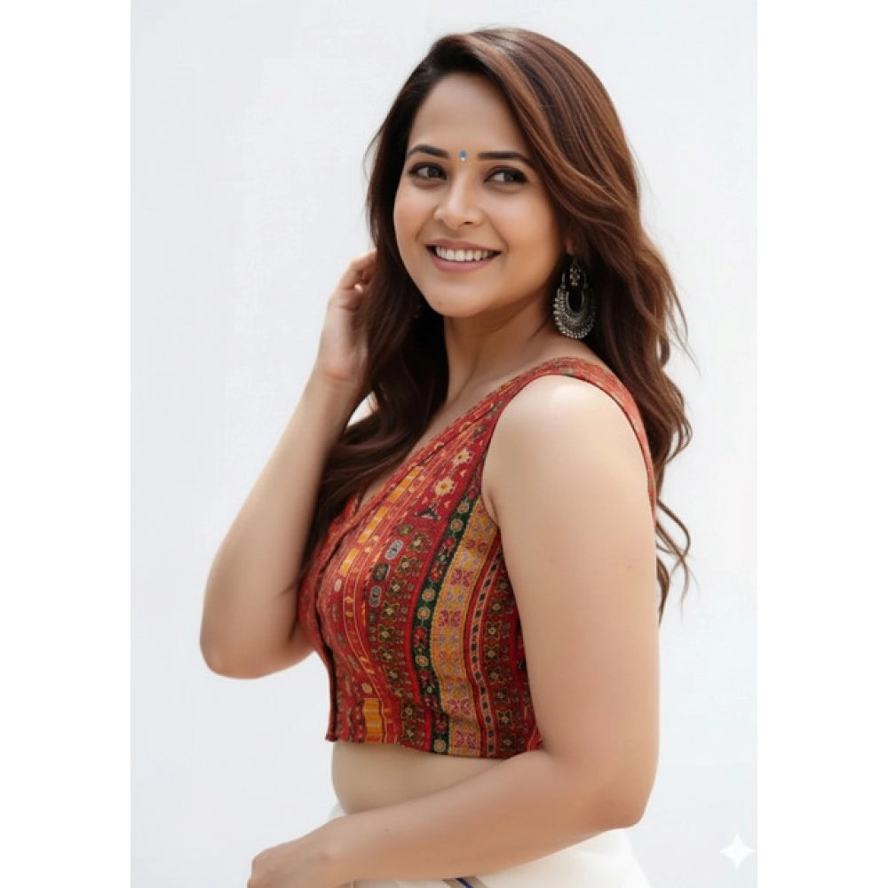 Generic Women's Cambric Cotton V Neck Padded Blouse (Red, 38 Ready Size (Self-Alterable 36–40)