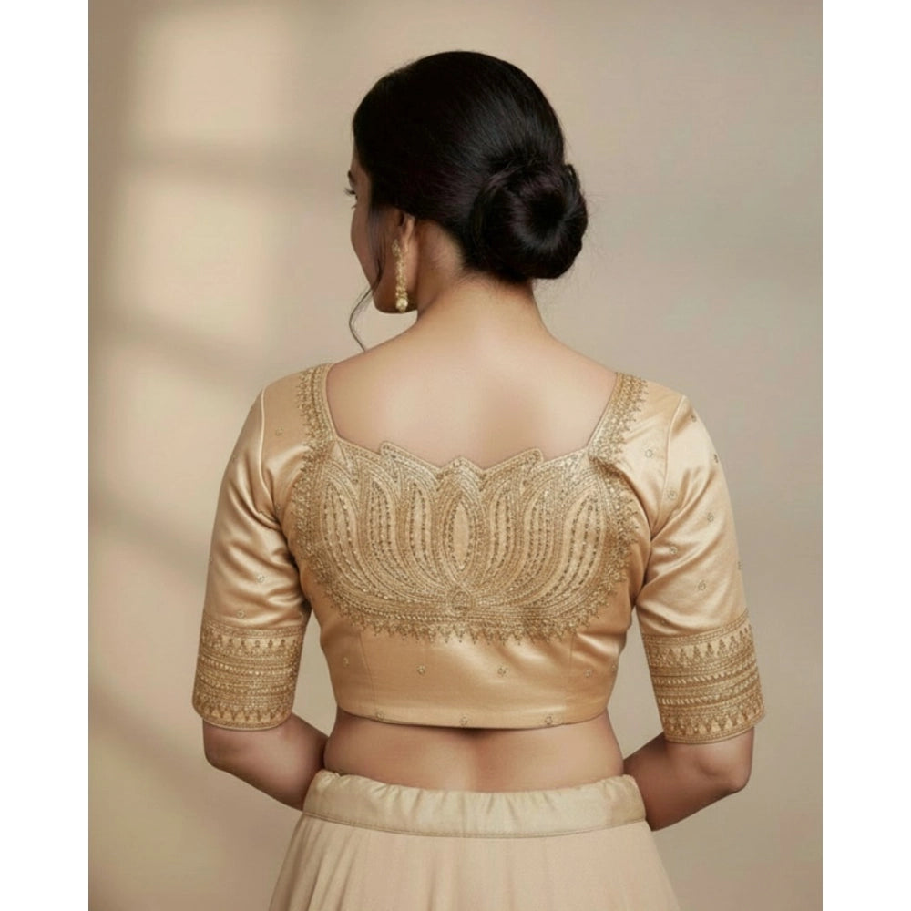 Generic Women's Vichitra Silk V Neck Padded Blouse (Beige, 38 Ready Size (Self-Alterable 36–40)