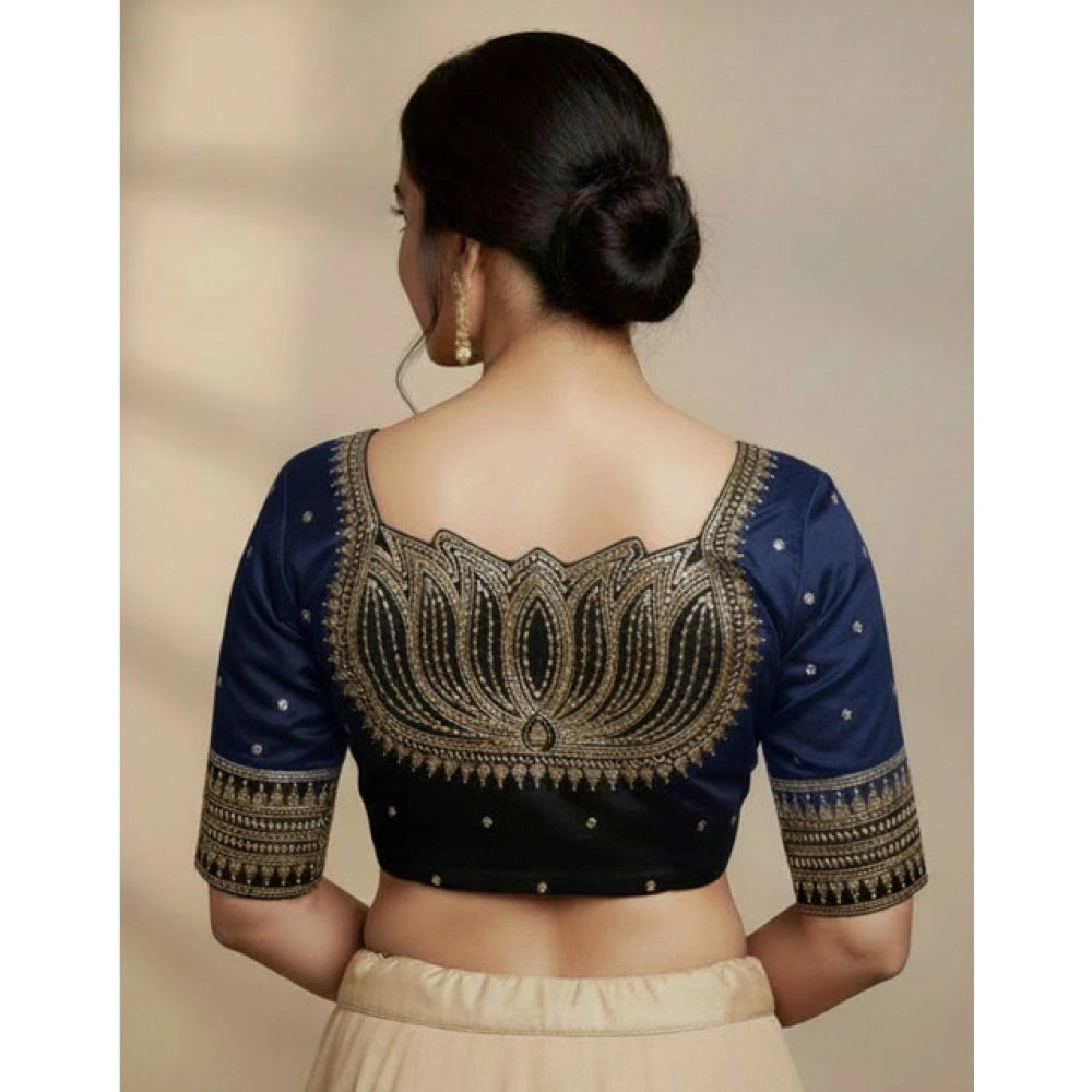 Generic Women's Vichitra Silk V Neck Padded Blouse (Navy, 38 Ready Size (Self-Alterable 36–40)