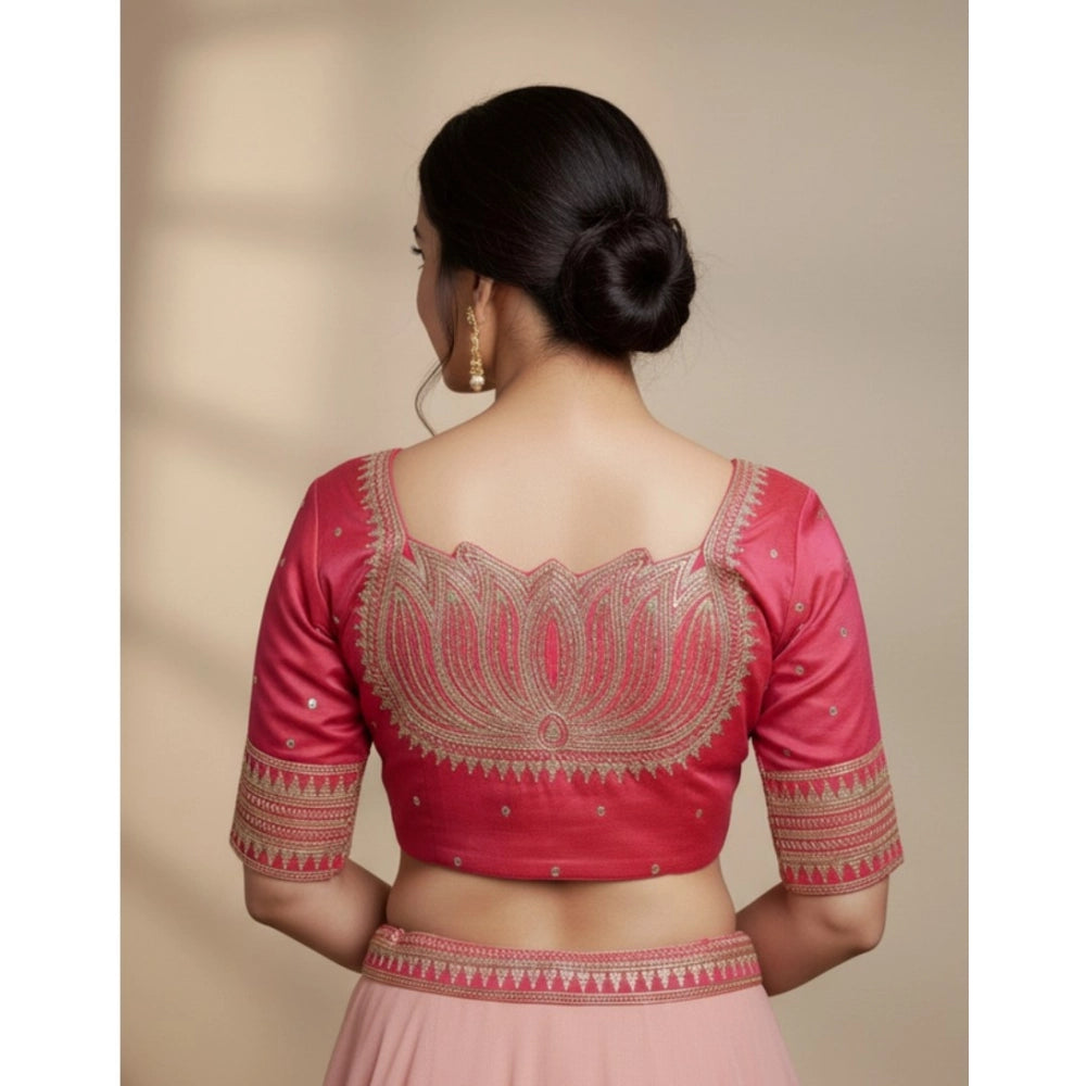 Generic Women's Vichitra Silk V Neck Padded Blouse (Pink, 38 Ready Size (Self-Alterable 36–40)