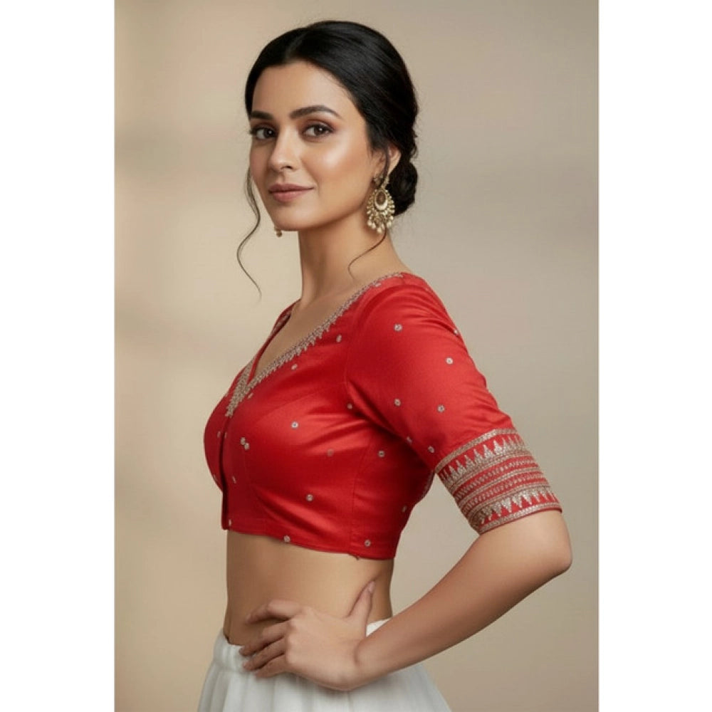 Generic Women's Vichitra Silk V Neck Padded Blouse (Red, 38 Ready Size (Self-Alterable 36–40)