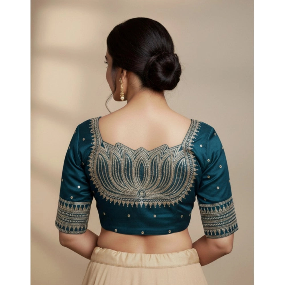 Generic Women's Vichitra Silk V Neck Padded Blouse (Teal, 38 Ready Size (Self-Alterable 36–40)