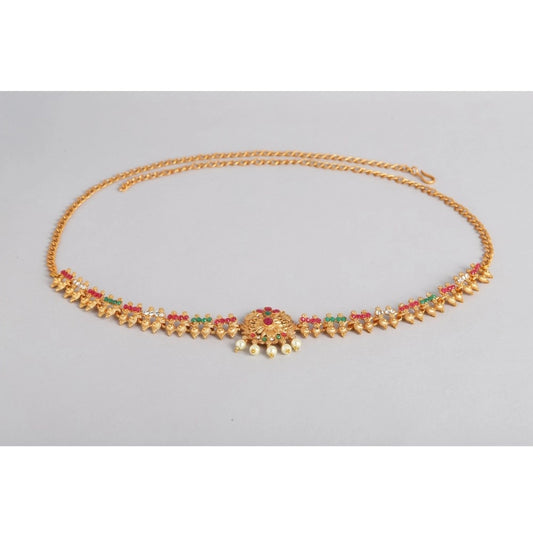 Generic Women's Rose Gold Plated Alloy Hip Belt Kamarband (Red &amp; Green)