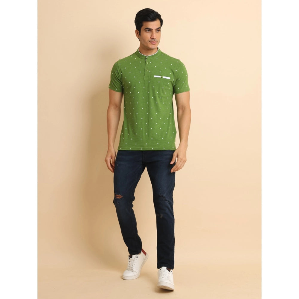 Generic Men's Casual Cotton Printed Mandarin Collar Half Sleeve T-Shirt (Green)