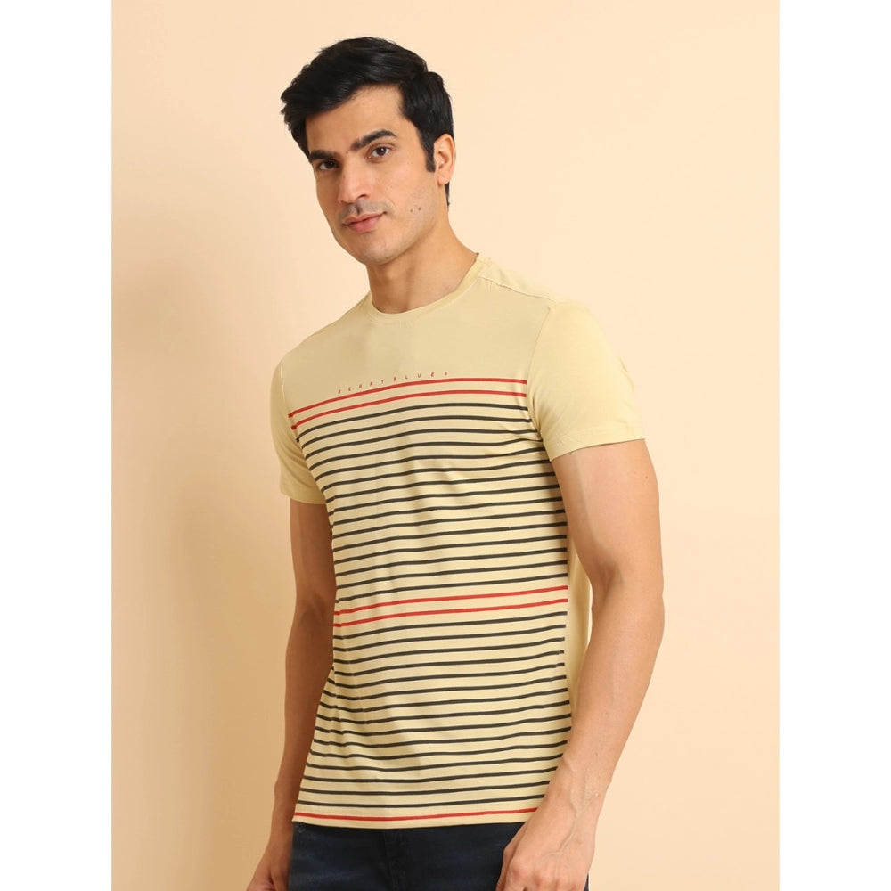 Generic Men's Casual Cotton Printed Round Neck Half Sleeve T-Shirt (Beige)