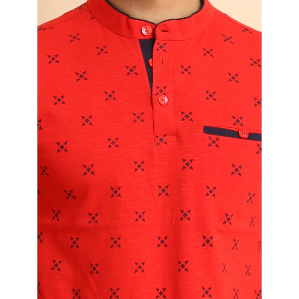 Generic Men's Casual Cotton Printed Mandarin Collar Half Sleeve T-Shirt (Red)