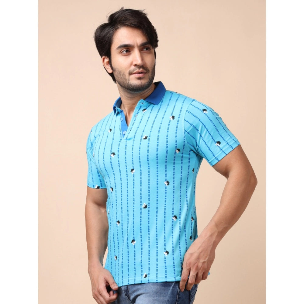 Generic Men's Casual Cotton Printed Polo Neck Half Sleeve T-Shirt (Skyblue)