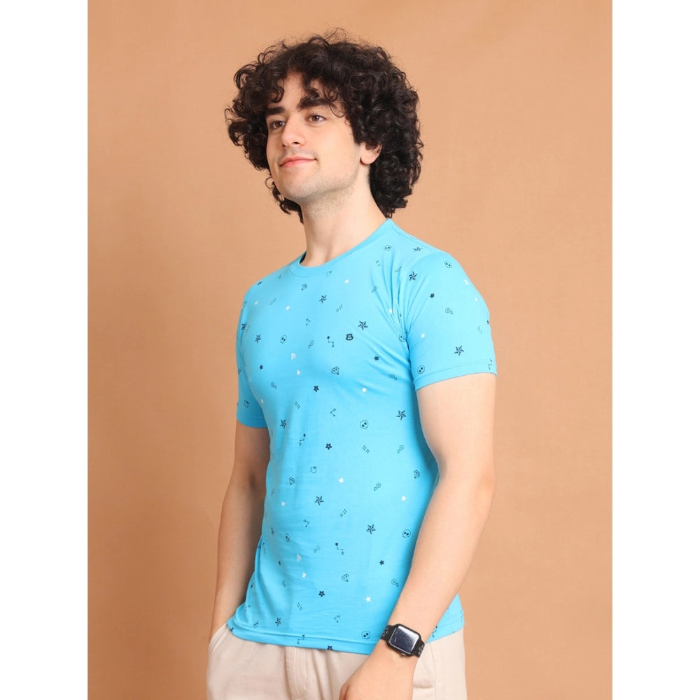 Generic Men's Casual Cotton Printed Round Neck Half Sleeve T-Shirt (Skyblue)