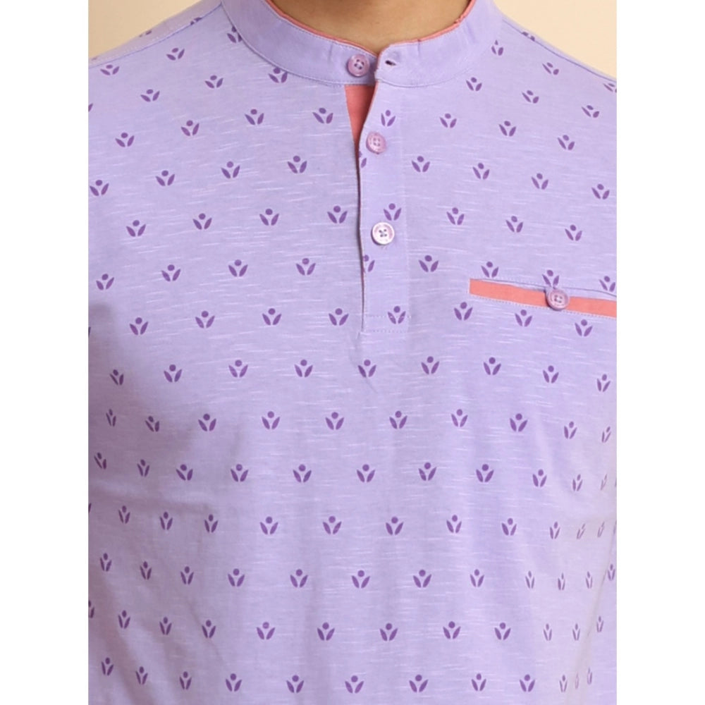 Generic Men's Casual Cotton Printed Mandarin Collar Half Sleeve T-Shirt (Lavender)