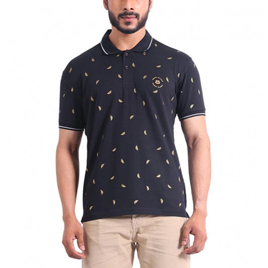 Generic Men's Casual Cotton Printed Polo Neck Half Sleeve T-Shirt (Black)