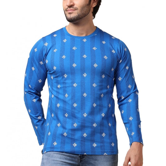 Generic Men's Casual Cotton Printed Round Neck Full Sleeve T-Shirt (Blue)