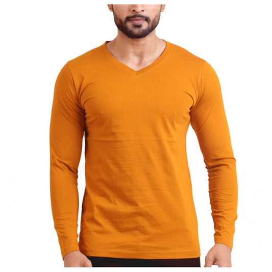 Generic Men's Casual Cotton Solid V Neck Full Sleeve T-Shirt  (Mustard)