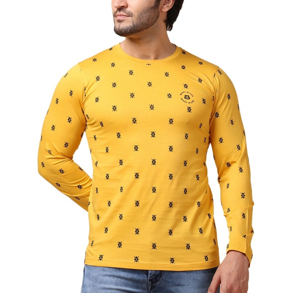 Generic Men's Casual Cotton Printed Round Neck Full Sleeve T-Shirt (Mustard)