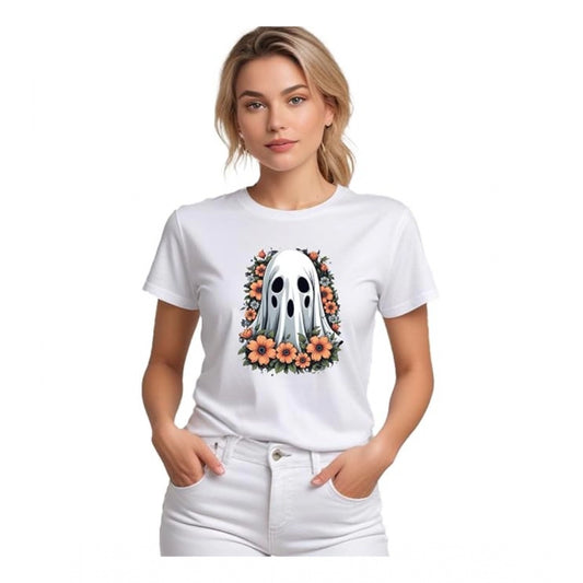 Generic Women's Polyester Solid Printed Round Neck Half Sleeve T-shirt (White)