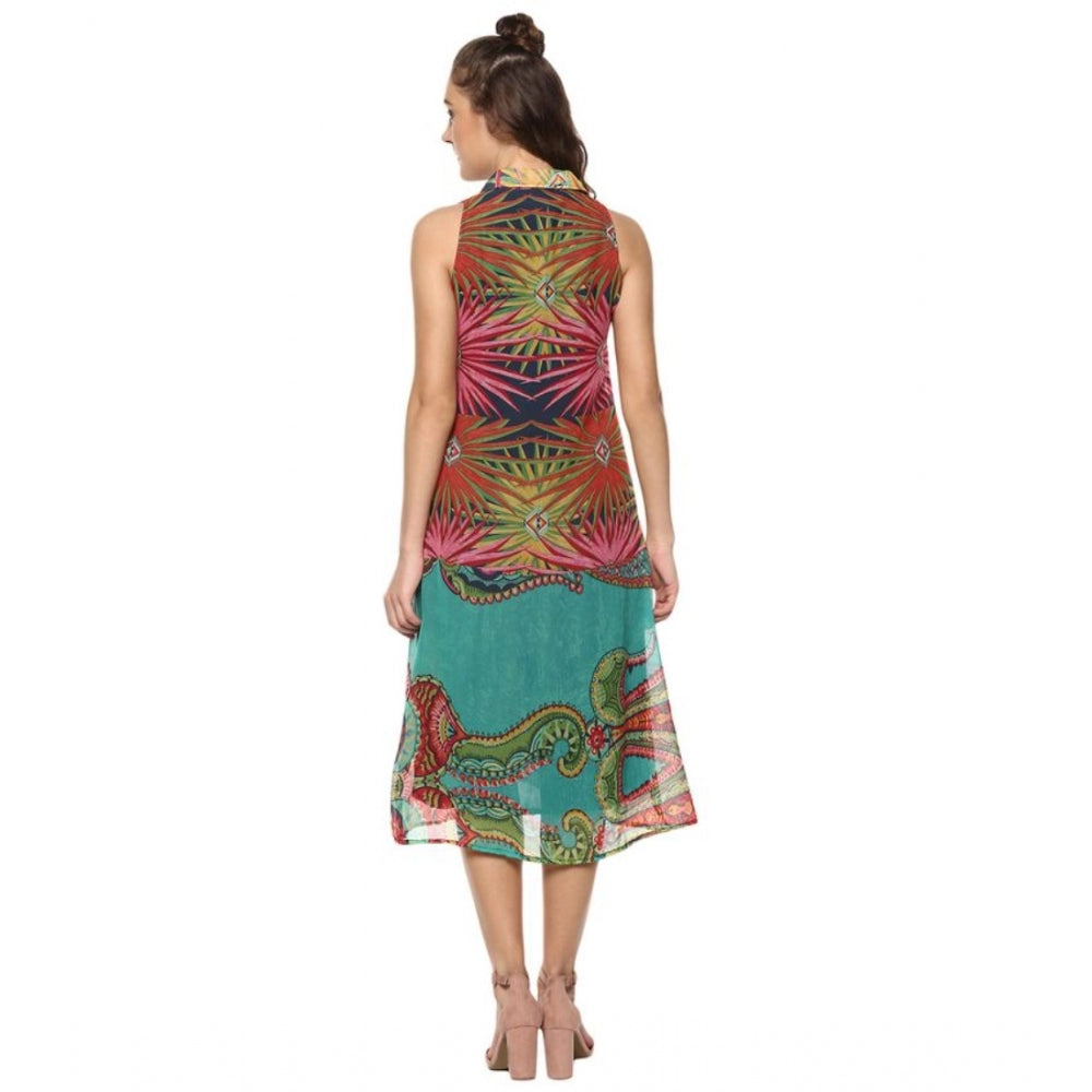 Generic Women's Polyester Floral Sleeveless Below Knee Dress (Multicolor)