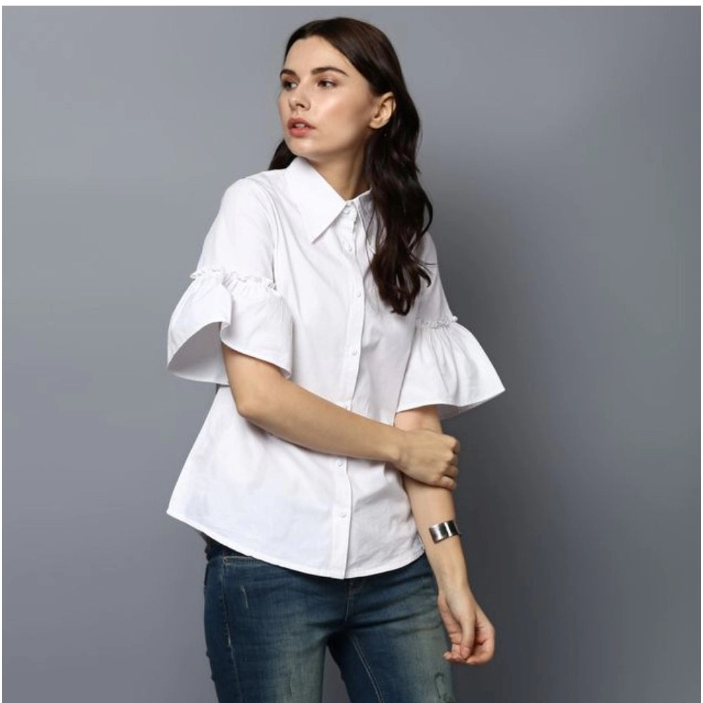 Generic Women's Cotton Solid Bell Sleeve Top (White)